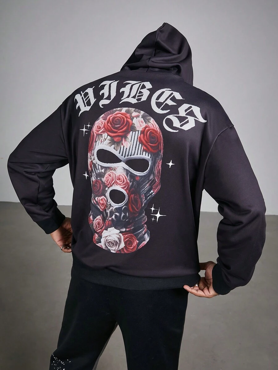 Manfinity Roughcore Sweat-shirt à capuche à cordon de serrage avec imprimé lettrage pour hommes grandes tailles, printemps et automne