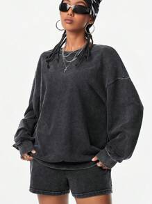 SHEIN EZwear Áo nỉ và quần short Coolane Streetwear Casual Washed Drop Shoulder - màu đen - Xem 1