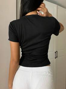 SHEIN EZwear Áo thun nữ cổ tròn dệt kim màu trơn dáng ôm vừa vặn thường ngày họa tiết nơ đỏ - màu đen - Xem 4