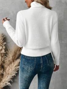 EMERY ROSE 女士纯色高领长袖休闲毛衣，秋冬季针织套头衫 - 白色 - 查看 2