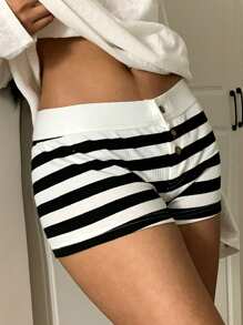 SHEIN PETITE CURVE 女士加大码休闲针织条纹低腰紧身超短裤，适合秋季、海滩度假、春季、夏季假期、情人节等场合，条纹短裤，休闲穿着，适合居家、运动和户外活动。 - 彩色 - 查看 3