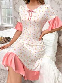 对比色荷叶边拼布碎花睡袍 - 粉色 - 查看 1