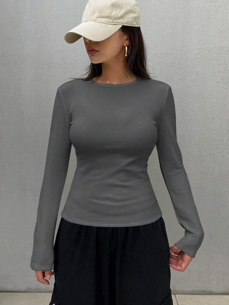 Women's Solid Color Crew Neck Long Sleeve Minimalist T-Shirt, Casual Daily Wear,Fall Clothes Preppy Tops Thermal Lined,Winter
