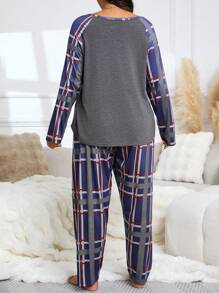 Conjunto de pijama de pantalón y parte superior de contraste de color a cuadros de manga raglán casual de primavera y otoño para mujeres de talla grande