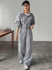 FRIFUL 2 件女士休闲套装 - 落肩拉链连帽衫和休闲裤，春秋季 - 灰色 - 查看 2