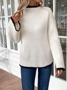 EMERY ROSE Women's Contrast Trim Crew Neck Long Sleeve Basic Sweater, Casual Everyday Wear Fall Women Outfits - White - View 4