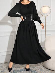 Modelyn Women's Solid Color Rhinestone Decor Crew Neck Long Sleeve Simple Casual Dress Long Evening Dresses