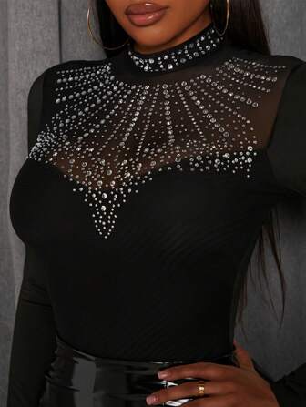 Slaydiva Plus Size Women's Elegant Shimmering Rhinestone Front Sheer Long Sleeve Turtleneck Bodysuit, Black, For Winter