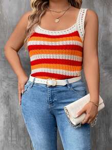 SHEIN LUNE Plus Size Loose Stripes Knit Tank Top, Casual Everyday Wear - Multicolor - View 3