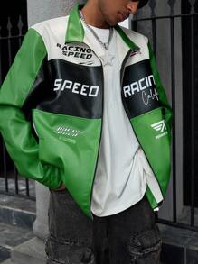 PAVTROS Giacca da uomo con stampa colorblock e lettera, adatta per autunno e inverno, abiti da uomo per l'autunno, giubbotti di pelle da strada per uomo - Verde - Visualizzare 1