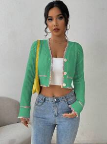 Chiquease Women's Oversized Long Sleeve Cropped Elegant Cardigan Sweater, Spring Autumn - Green - View 3