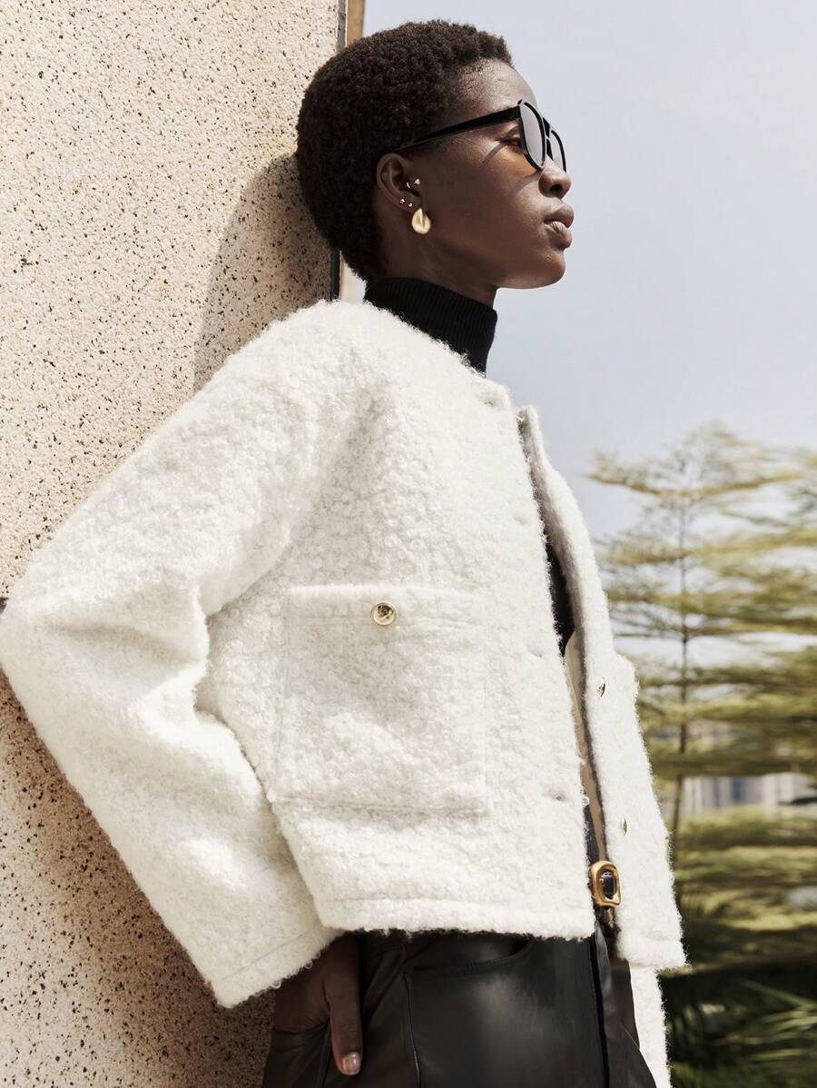 BizChic 女士休闲通勤口袋短款羊毛混纺夹克冬装秋季女装冬季女装夹克 - 白色 - 查看 1