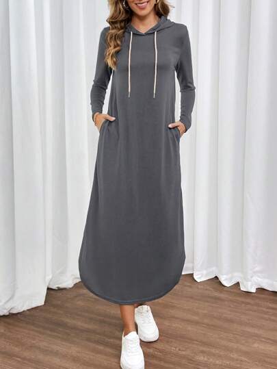 SHEIN LUNE Long Sleeve Simple Long Hooded Casual Dress, Daily Casual Maxi Women Outfit Fall Cloth For Women