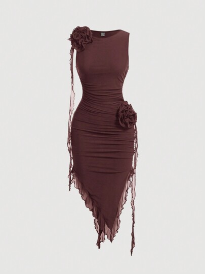 SHEIN MOD 3D Flower Accent Asymmetrical Hem Bodycon Dress