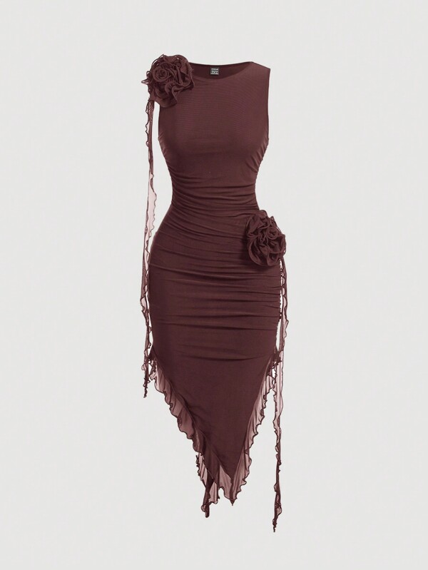 SHEIN MOD 3D Flower Accent Asymmetrical Hem Bodycon Dress