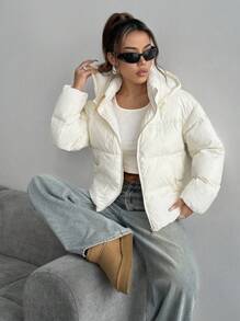 SHEIN Unity 女士休闲纯色厚冬季加厚棉服外套，连帽宽松，通勤百搭 - 白色 - 查看 4