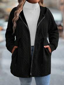 大码女式春秋纯色长袖抽绳腰部口袋宽松休闲连帽夹克 - 黑色 - 查看 1