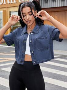 SHEIN ICON Casual Loose Short Sleeve Women's Denim Cropped Shirt, Suitable For Summer Denim Jacket - Dark Wash - View 4