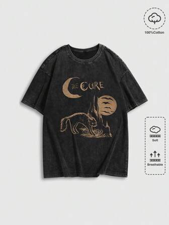 Street Life Camiseta casual de manga corta con cuello redondo y estampado de luna y letras, estilo de los años 2000 para hombres