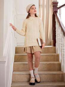 SHEIN Teenage Girl Asymmetrical Fold-Over Collar Mid-Length Sweater, White Chunky Knit Sweater, Autumn Fashion - White - View 5