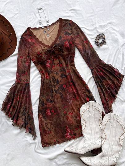 Soleia Lady's Brown Retro Floral Party Knit Mesh Mini Dress With V-Neck Long Sleeves And Flared Cuffs, Hippie Music Festival Style No Chest Padding