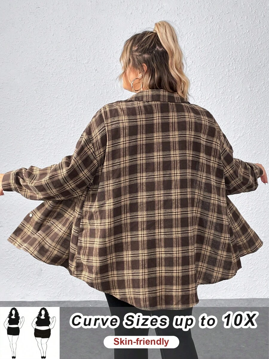 SHEIN CURVE+ 大码女式格子印花纽扣口袋长袖休闲棕色衬衫 - 彩色 - 查看 1