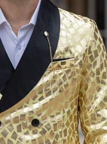 Calvornis Men's Contrast Color Sequin Decorated Long Sleeve Top And Solid Color Pants Suit - Yellow - View 4
