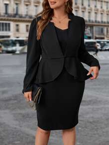 SHEIN Clasi Tailleur elegante da donna, completo con blazer a maniche lunghe con volant in colore unito e gonna a matita, abbigliamento da lavoro per taglie forti - nero - Visualizzare 3