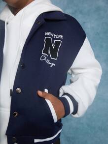 SHEIN Chaqueta de manga larga informal con patrón deportivo de letras y color de contraste para niños preadolescentes - azul real - Ver 3