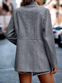 SHEIN Clasi Herringbone Open Front Overcoat - Grey - View 2