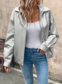 SHEIN LUNE Giacca rivestita in argento per le uscite casual da donna, autunno inverno - Argento - Visualizzare 7