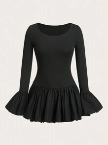 SHEIN EZwear ชุดมินิแขนระบาย สีพื้น สง่างาม สำหรับฤดูใบไม้ผลิ/ใบไม้ร่วง - สีดำ - ดู 1