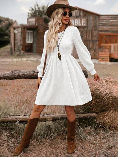 SHEIN VCAY Women's Casual A-Line Cinched Waist Sweater Dress With Textured Sleeve Cuffs, For Holiday In Fall/Winter