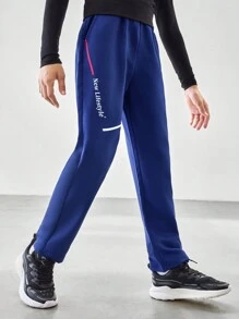 SHEIN Tween Boy English Letter & Star Print Sports Jogger Pants With Pockets, Spring & Autumn - Royal Blue - View 1