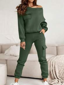 INAWLY 2pcs/Set Women Casual Pocket Pants & Oblique Shoulder Sweatshirt