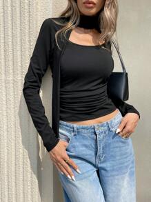 SHEIN Frenchy Women Black Stand Collar Long Sleeve Pleated Fitted Knit Top,Black T-Shirt,Square Neck Top With Scarf T-Shirt,Square Neck Lightweight Fine Knit Slim Fit With Stretch T-Shirt,Fall Women Clothes,Long Sleeve  T-Shirt,Black Long Sleeve T-Shirt,Black Long Sleeve Top