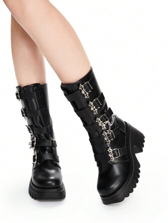 Goth Women's Gothic Chunky Platform Boots With Chain, Black Bat Buckle Mid-Calf Boots For Halloween Party, Y2K Punk Rock Style For Christmas And New Year Holiday