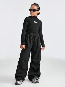 SHEIN Conjunto de 2 peças de blusa e calça minimalistas para meninas adolescentes, cor sólida, gola alta, manga comprida