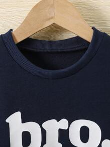 SHEIN Genkimix Kids Young Boy All-Match Letter & Brother Print Round Neck Long Sleeve Sweatshirt, Fall/Winter - Navy Blue - View 3