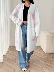 Flirla Cárdigan de manga larga de color liso sencillo con estampado de corazón