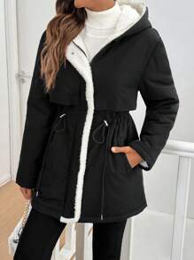 SHEIN Frenchy Women's Solid Color Long Sleeve Drawstring Waist Thermal Lined Hooded Casual Warm Padded Coat, Drawstring Waist Teddy Lined Hooded Clashing Reversible Coat, Winter Women's Black Coat, Zip Up Flannels Warm Women Coat, Winter Coat, Winter Outfits, Winter Women Clothes, Winter Jacket, Parka Coat