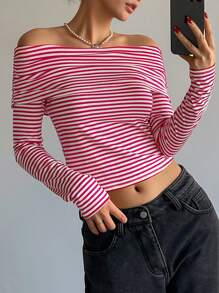DAZY Christmas Women's Striped Off Shoulder Slim Fit T-Shirt