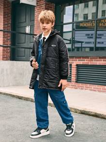 SHEIN Boys' Solid Color Casual Hooded Mid-Length Padded Coat - Black - View 10