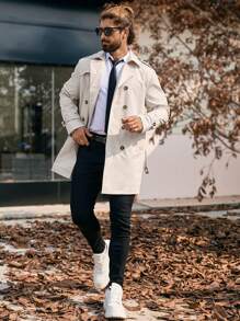 Manfinity Homme Men's Solid Color Stand Collar Double-Breasted Casual Trench Coat, Spring Autumn,Boyfriend Gift,Fall,Versatile Items For Winter,White Trench Coat, Old Money Style