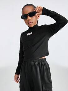 SHEIN Conjunto de 2 peças de blusa e calça minimalistas para meninas adolescentes, cor sólida, gola alta, manga comprida