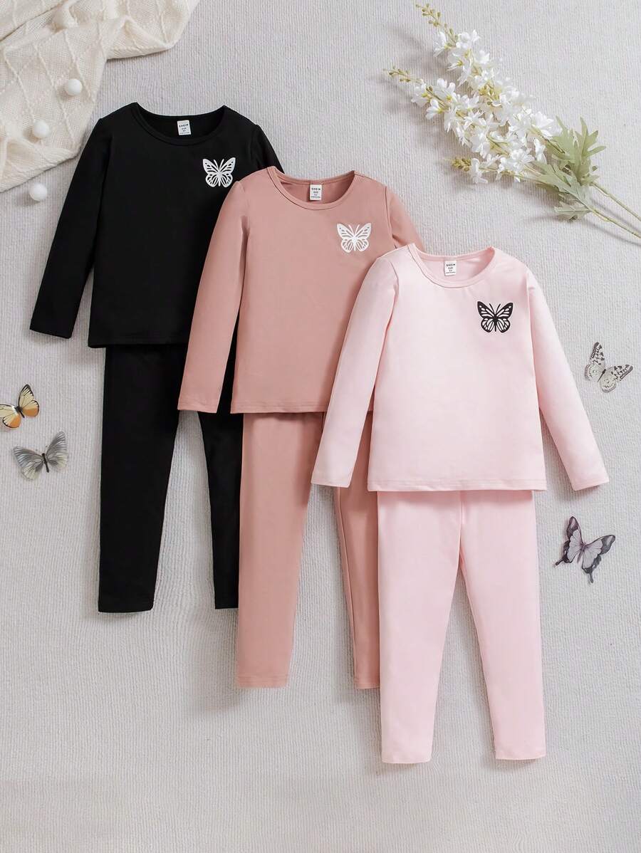SHEIN Bộ 3 món áo nỉ bó sát và quần dài thường ngày cho bé gái, mùa xuân và thu - Nhiều màu - Xem 1