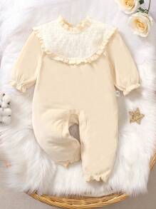 Baby Mädchen süßer Lace Kragen mit gerüschtem Rand, leichter gestrickter Jumpsuit im Palast-Stil, Beige, Herbst - Aprikosenfarben - Übersicht 1