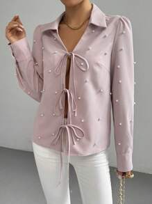 SHEIN Clasi 女式春夏仿珍珠装饰长袖前系带宽松衬衫 - 藕粉色 - 查看 6