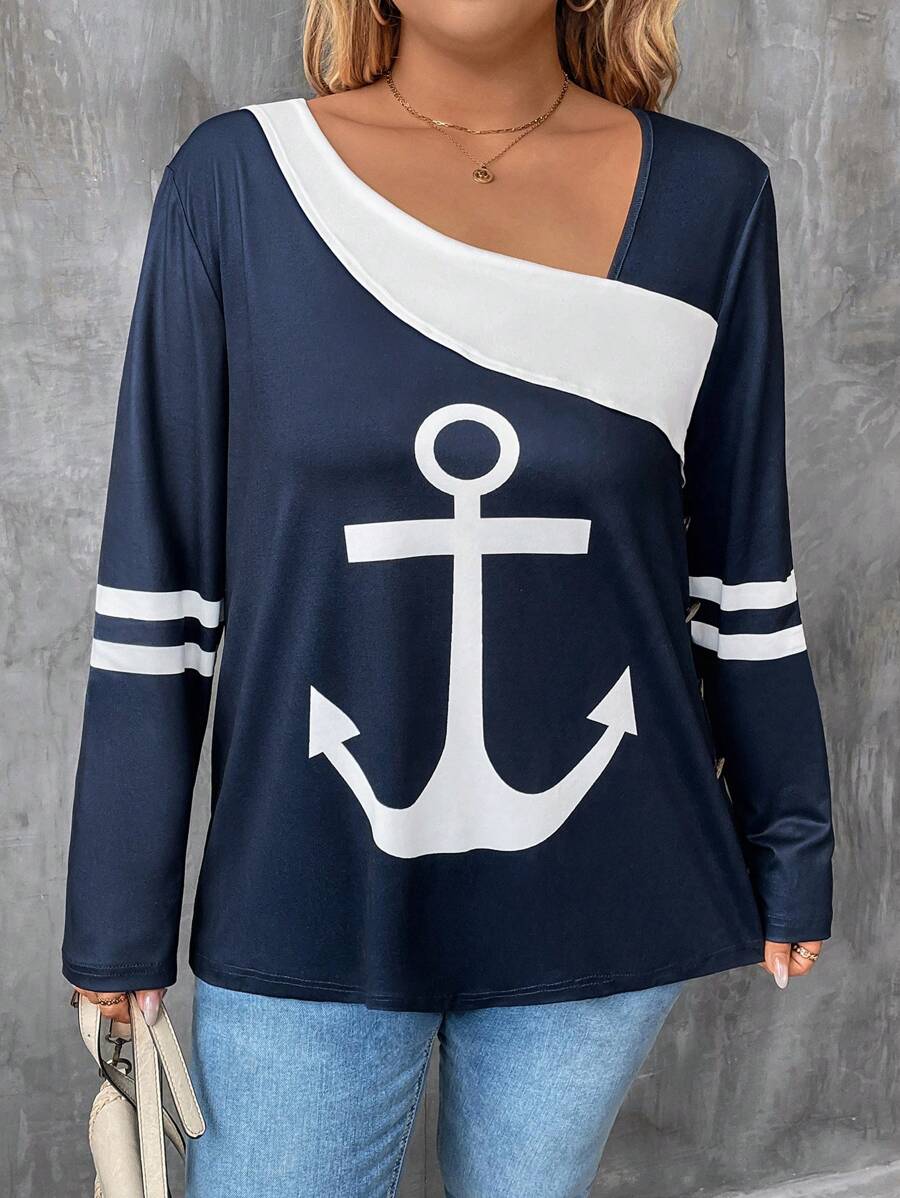 SHEIN LUNE Plus Size Colorblock Splice Asymmetrical Neck Print Casual Long Sleeve T-Shirt - Navy Blue - View 1