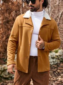 Manfinity Homme Chaqueta casual de una sola hilera de botones con cuello de solapa y mangas largas de color block para hombres, de gamuza, para otoño e invierno, chaqueta de hombre, cálida y esponjosa para el invierno, regalo para el novio, chaqueta cálida de salida en color caqui - Mostaza Amarilla - Ver 7